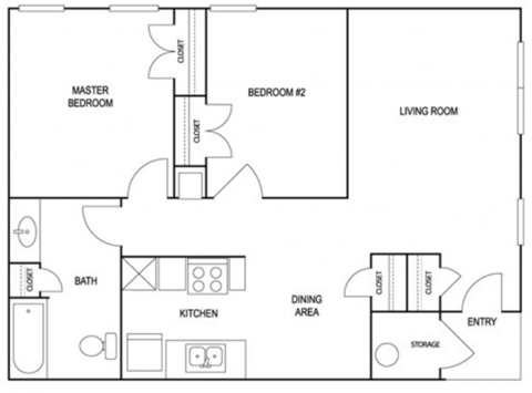 Floor plan for 2 beds, 1 bath, 864 sqft